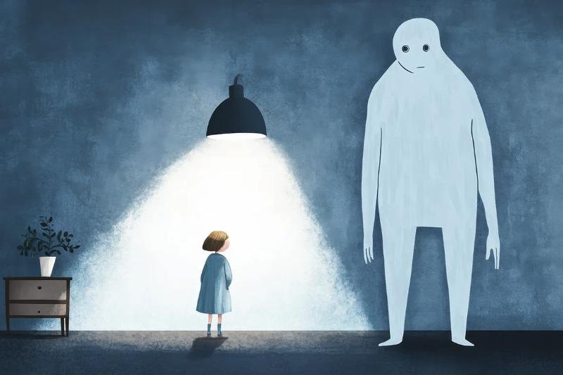 Ilustração de uma menina sob um holofote diante de um monstro gigante e pálido ao seu lado