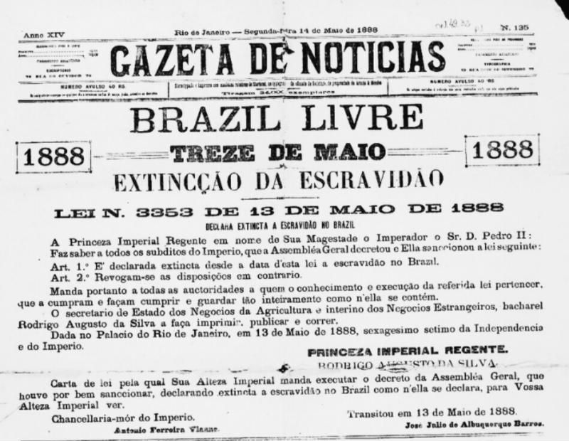 Primeira página da Gazeta de Notícias de 14 de maio de 1888: Brazil Livre, extincção da escravidão